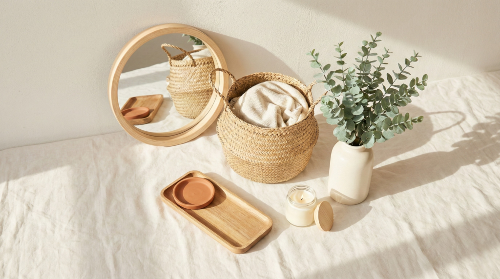 A clean arrangement of small apartment decor items: a round natural wood mirror leaning against a wall, a seagrass woven basket beside it, a bundle of faux eucalyptus stems in a simple ceramic vase, a small soy candle in a clear glass jar, and a narrow wooden tray holding a single object.