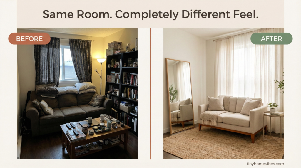 Side-by-side before and after of a small living room transformation — same room, completely different feel using mirrors, high curtains, and furniture with visible legs.