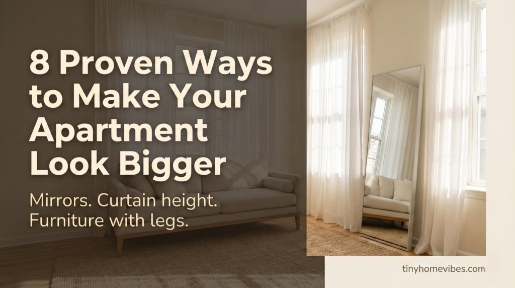 Text overlay image showing 8 proven ways to make a small apartment look bigger — mirrors, curtain height, and furniture with exposed legs — for renters on a budget.