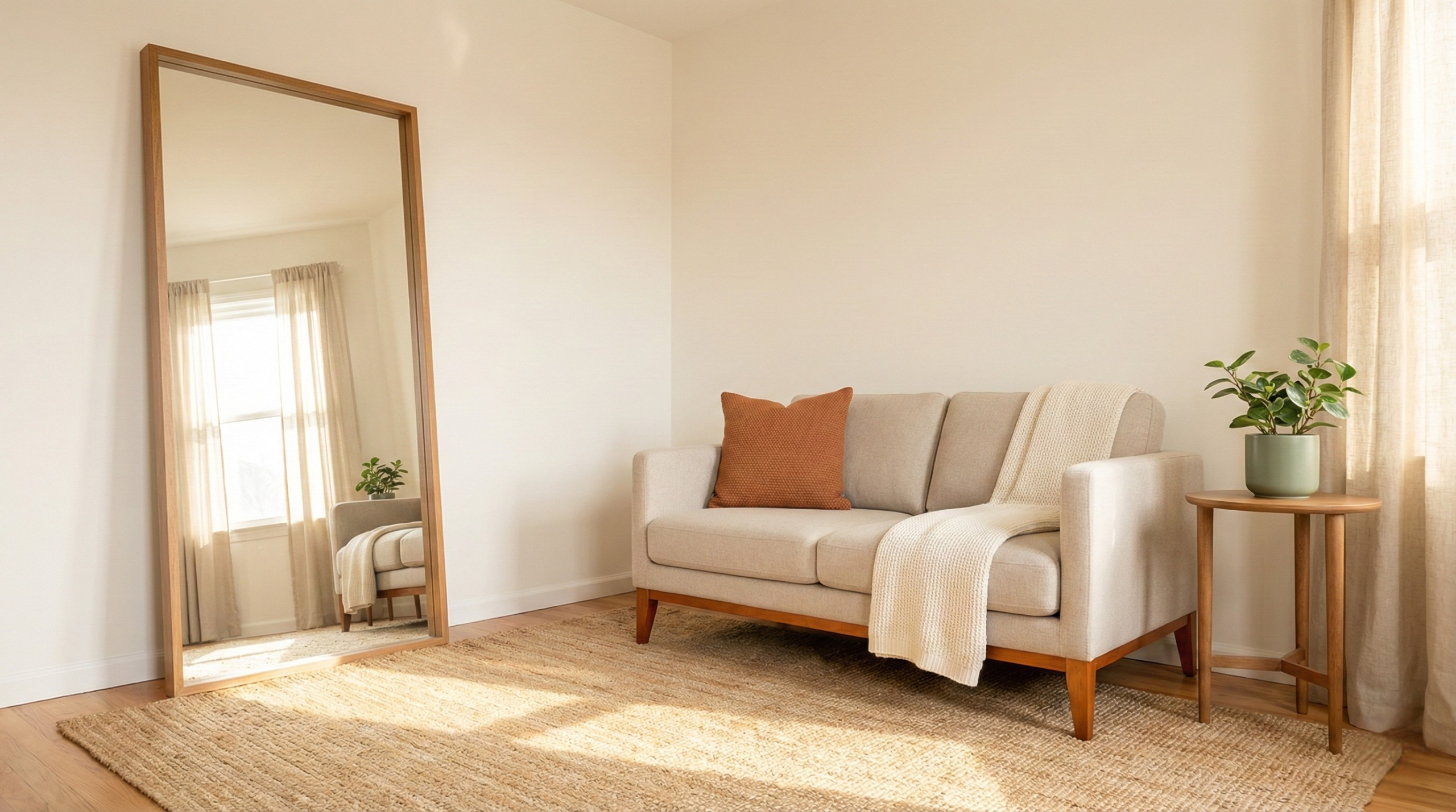 A small living room styled to look bigger using a leaning mirror, furniture with visible legs, and a jute rug — budget apartment decorating tips for renters.