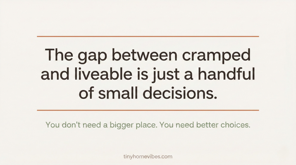 Typography quote card reading "The gap between cramped and liveable is just a handful of small decisions" — small apartment decorating tip for renters.