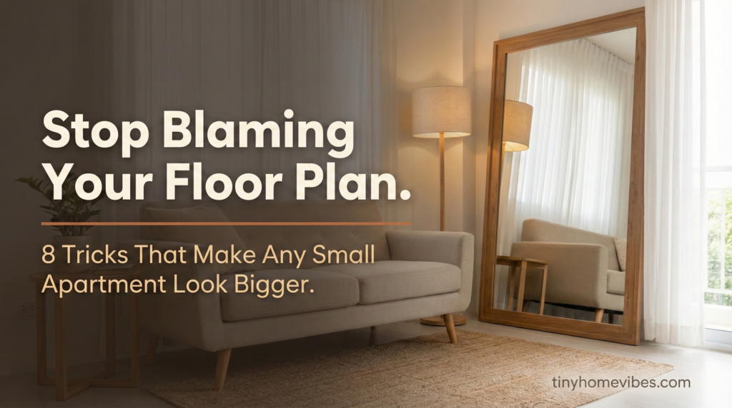 Text overlay reading "Stop Blaming Your Floor Plan" over a bright small living room — 8 tricks to make a small apartment look bigger for renters on a budget.