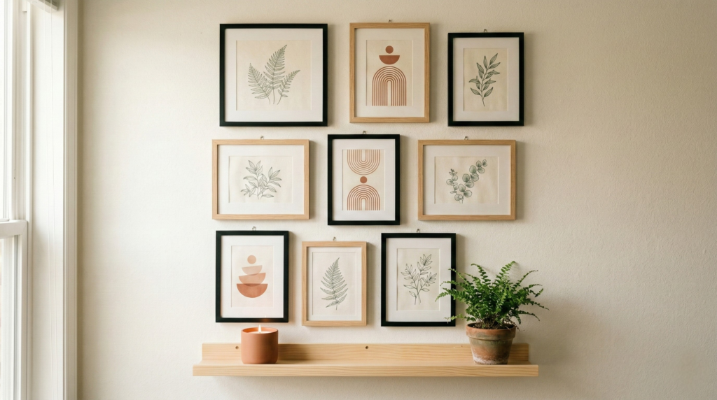 Styled rental apartment wall with a renter-friendly gallery wall using command strip decor ideas, mixed-size frames in black and natural wood with a floating ledge.