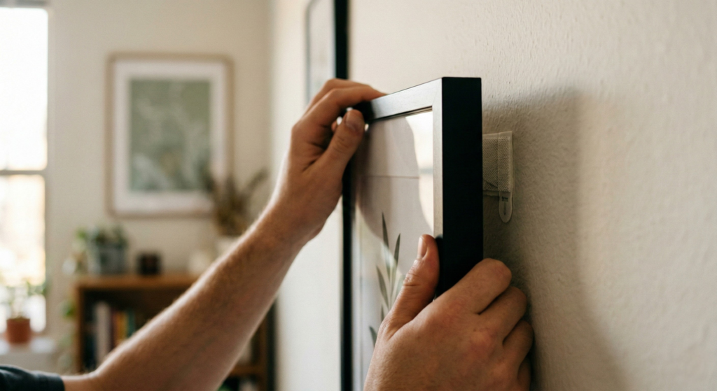 Hands pressing a picture frame with Command strips onto an apartment wall -- step-by-step renter-friendly hanging technique for command strip decor ideas.