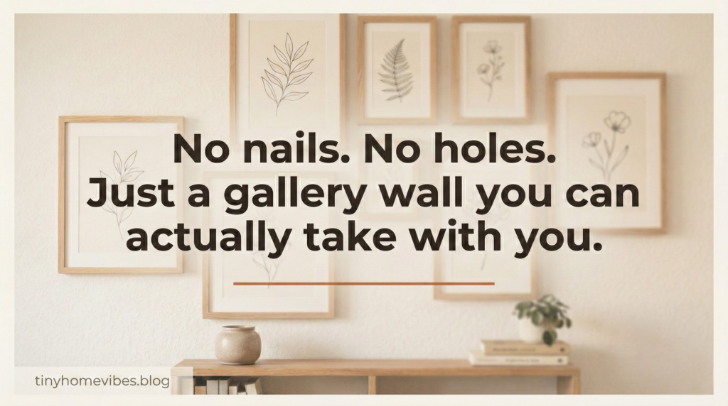 Quote overlay reading "no nails, no holes, just a gallery wall you can actually take with you" - renter-friendly command strip decor ideas for apartment walls.