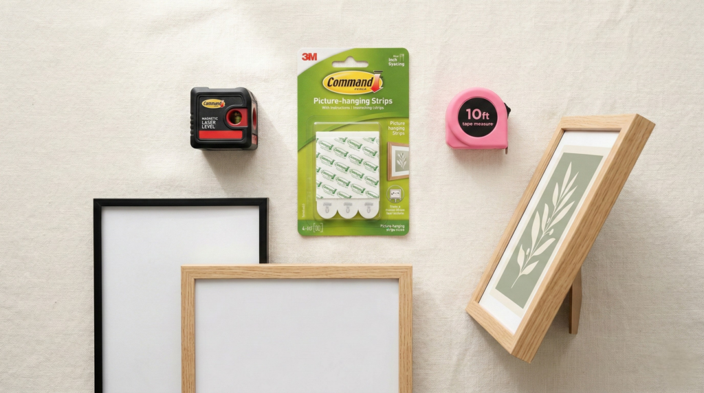 Flatlay of Command strips, laser level, tape measure, and picture frames -- tools needed for command strip decor ideas in an apartment gallery wall project.
