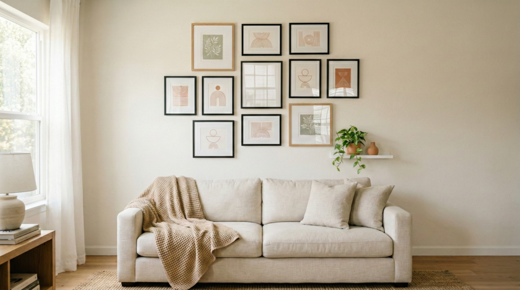 Finished renter-friendly apartment gallery wall using command strip decor ideas, with mixed frames in black and natural wood above a neutral linen sofa.