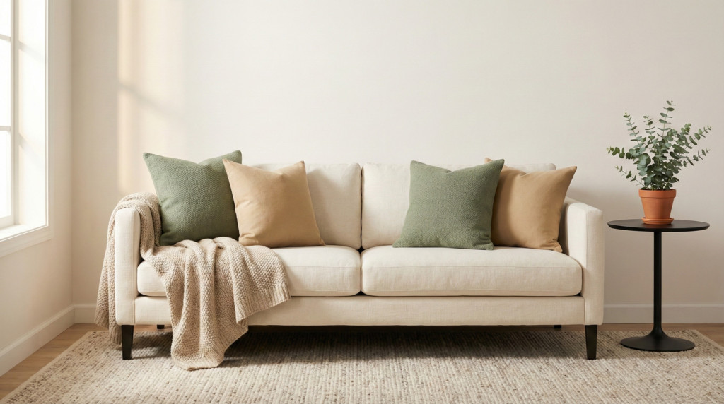 Styled small living room corner with a neutral area rug, cream sofa with sage green throw pillows and chunky knit blanket, and a black pedestal side table — small living room decor ideas on a budget.