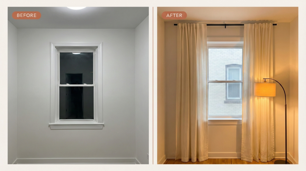 Before and after comparison showing a bare rental window versus ceiling-height cream linen curtains on a matte black rod with an arc floor lamp — small living room decor ideas that transform the space.