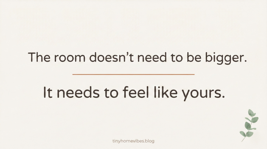 Quote typography image reading "The room doesn't need to be bigger. It needs to feel like yours." — a small living room decor ideas reminder for renters decorating on a budget.