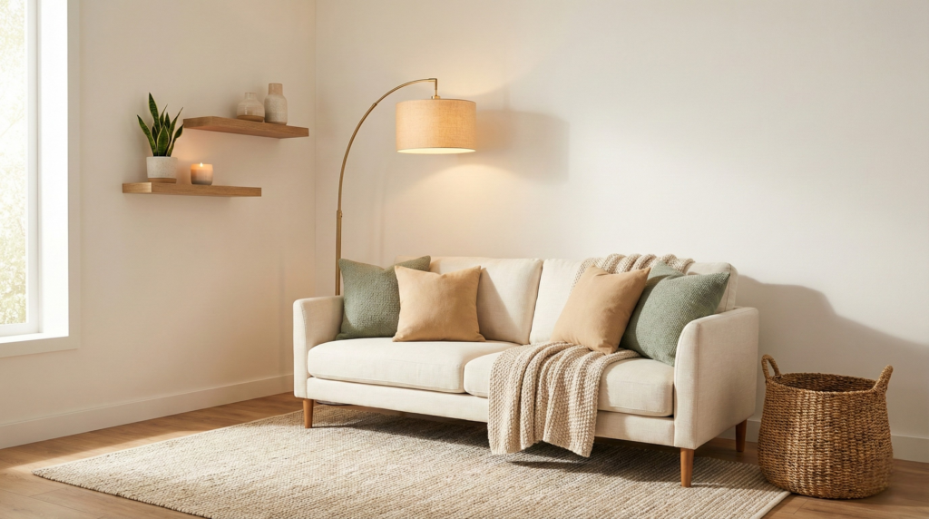 Styled small living room with a neutral area rug, cream sofa, arc floor lamp, and floating shelves — a practical overview of small living room decor ideas layered in the right order.